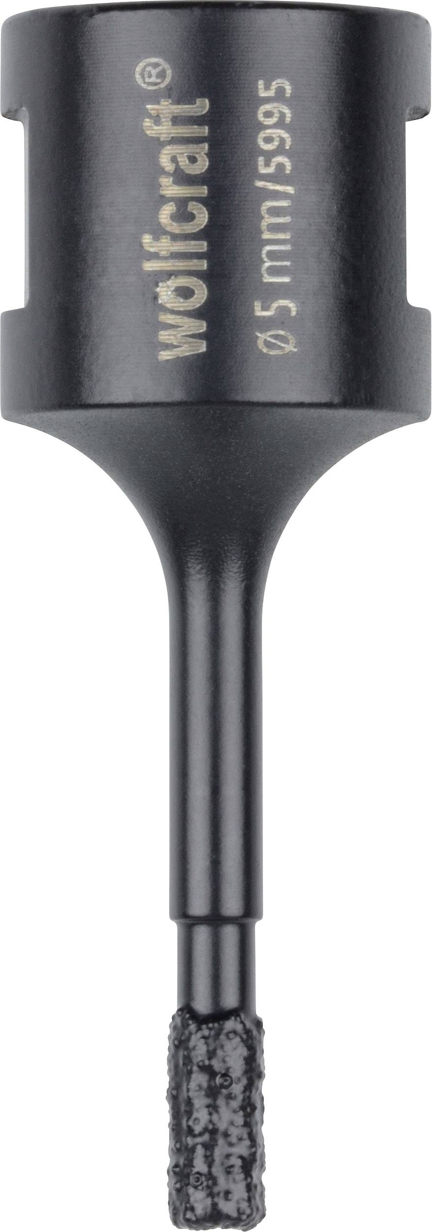 Bithalter-Werkzeug von Wolfcraft mit Aufschrift '5 mm 5995'. Schwarzes, zylinderförmiges Metallgehäuse mit hexagonalem Schaft.