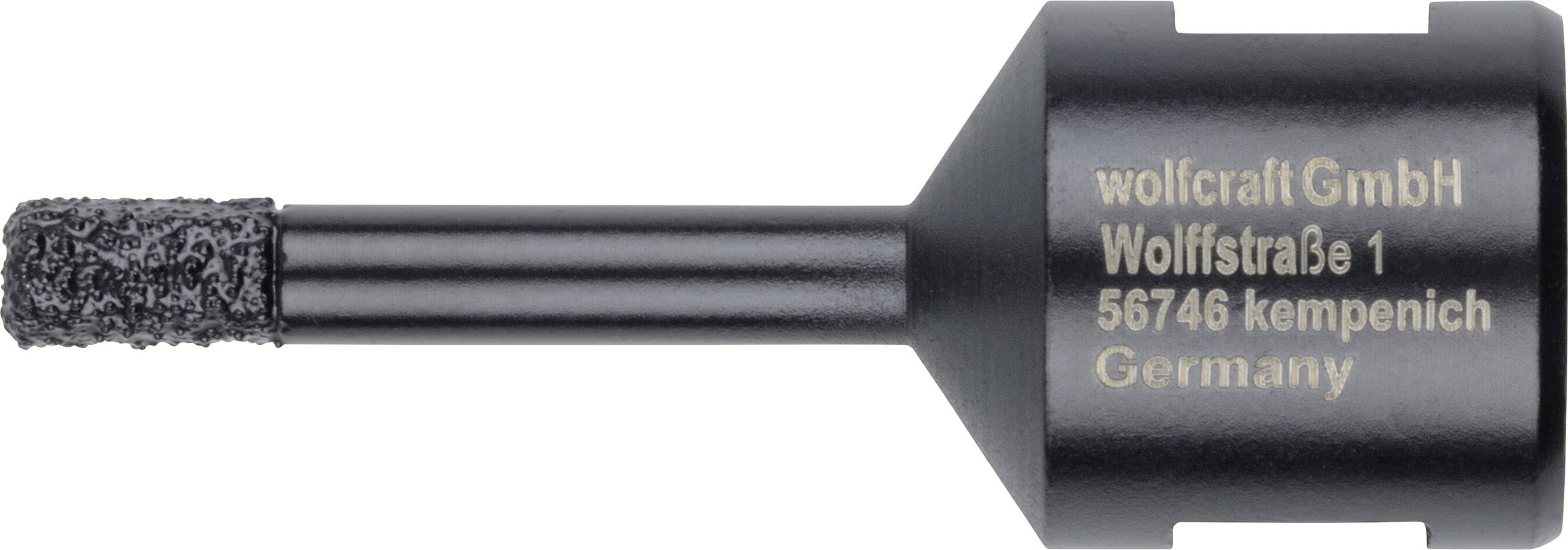 Schwarzer Zylinderaufsatz-Adapter mit der Aufschrift wolfcraft GmbH, Wolffstraße 1, 56746 Kempenich, Germany.