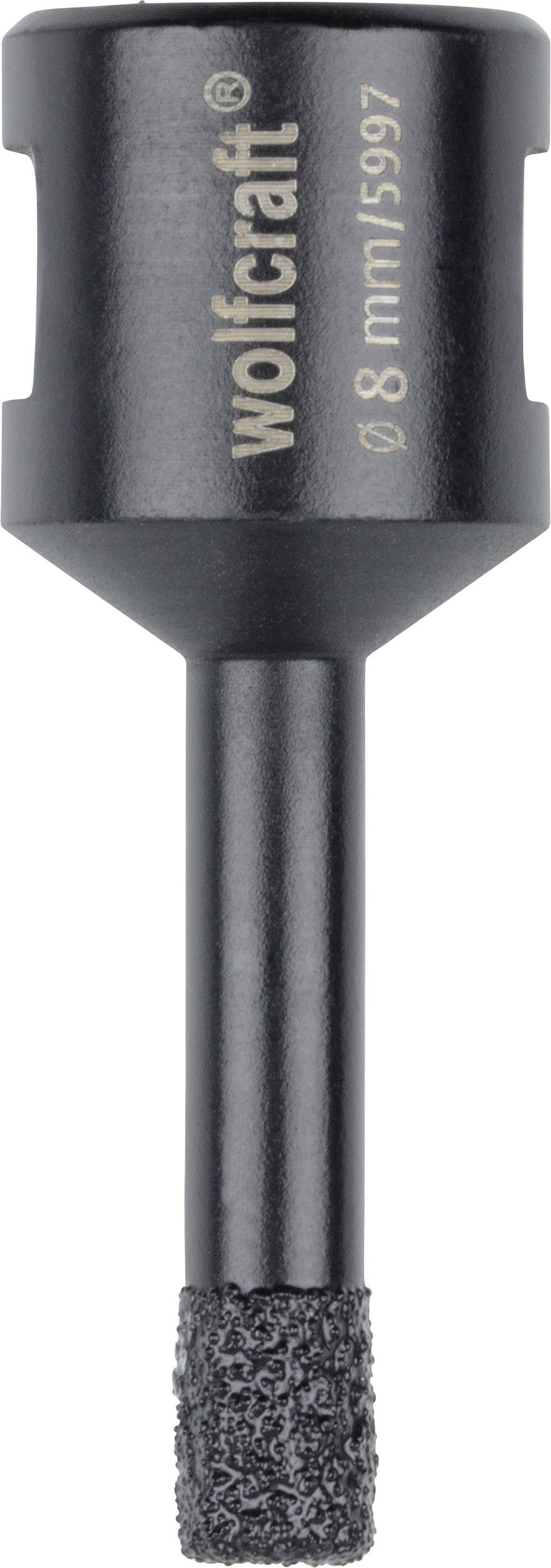 Ein schwarzer Fliesenbohrer von Wolfcraft mit 8 mm Durchmesser und einer rauen Spitze für das Bohren in harte Materialien.
