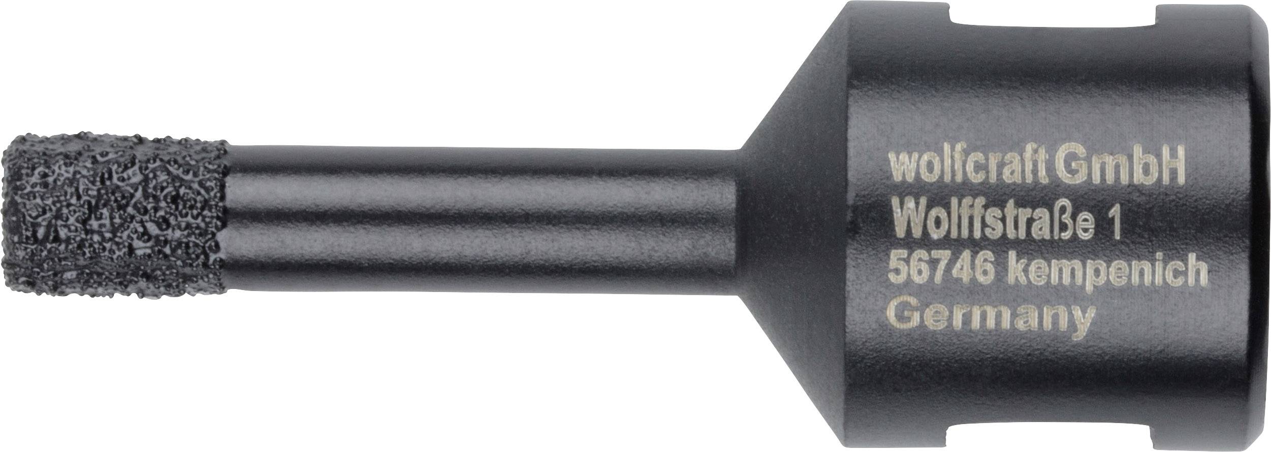 Ein schwarzes Werkzeug mit rauem Ende, bedruckt mit der Adresse 'wolfcraft GmbH, Wolffstraße 1, 56746 Kempenich, Germany'.