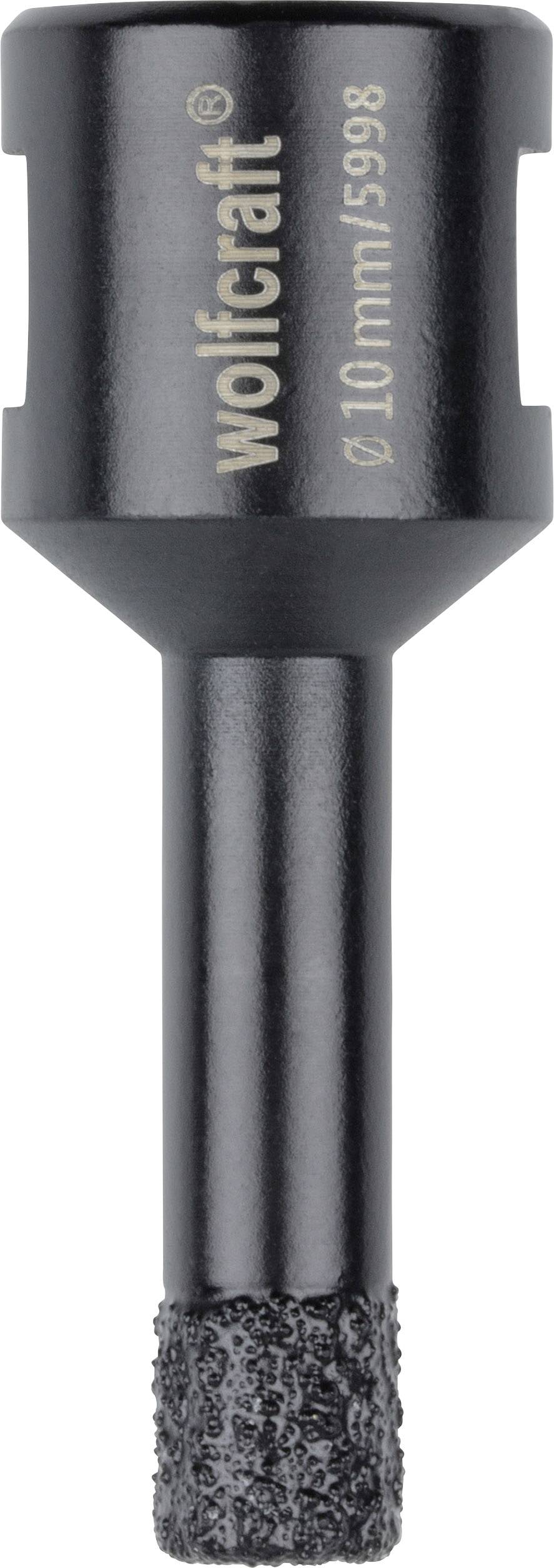 Bohreraufsatz mit der Aufschrift 'wolfcraft, Ø 10 mm, 5998', schwarz, zylindrische Form. Geeignet für Materialien wie Fliesen oder Glas.