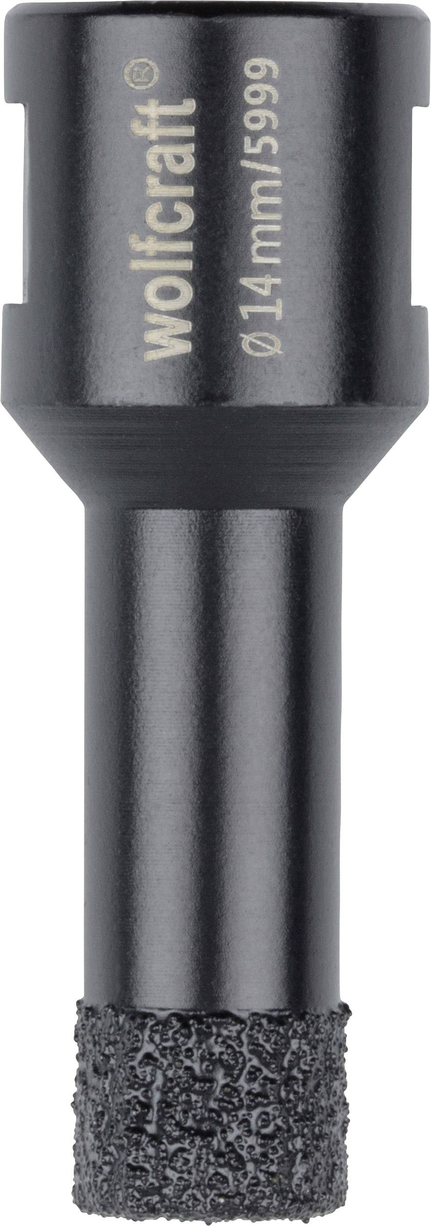 Bohreraufsatz aus schwarzem Metall mit grober Spitze, Aufschrift 'wolfcraft Ø14mm/5999'.