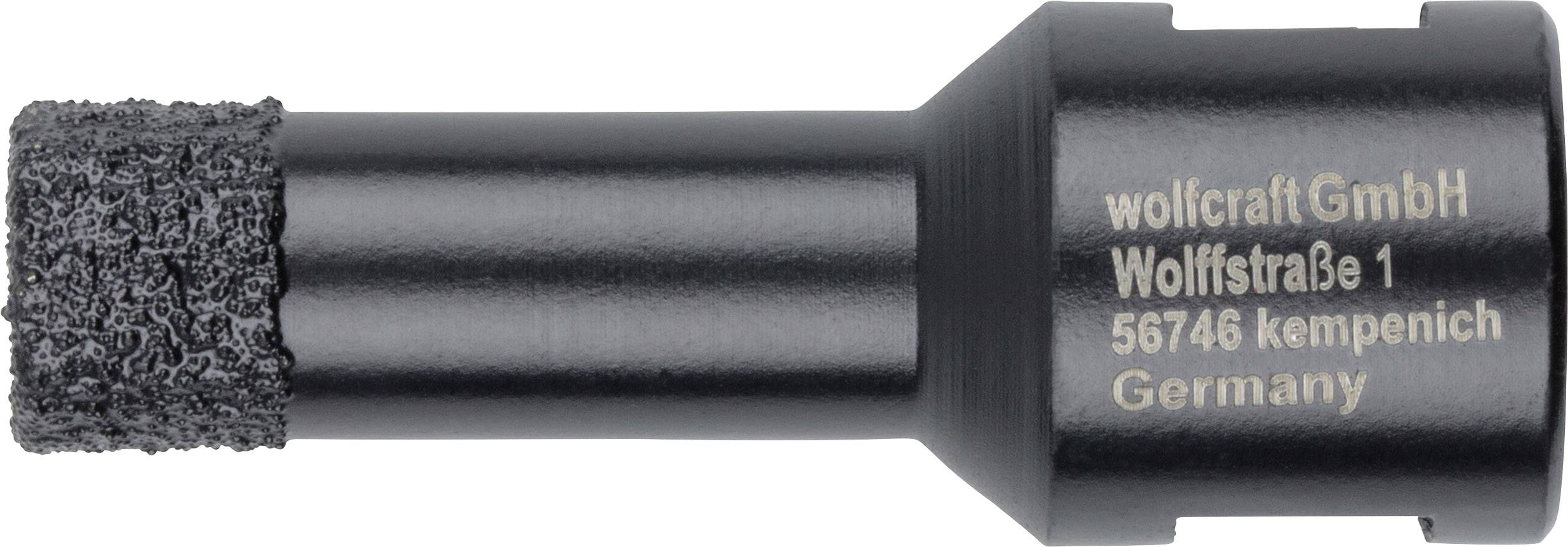 Nahaufnahme eines schwarzen Schleifaufsatzes mit der Aufschrift 'wolfcraft GmbH, Wolfstraße 1, 56746 Kempenich, Germany'.