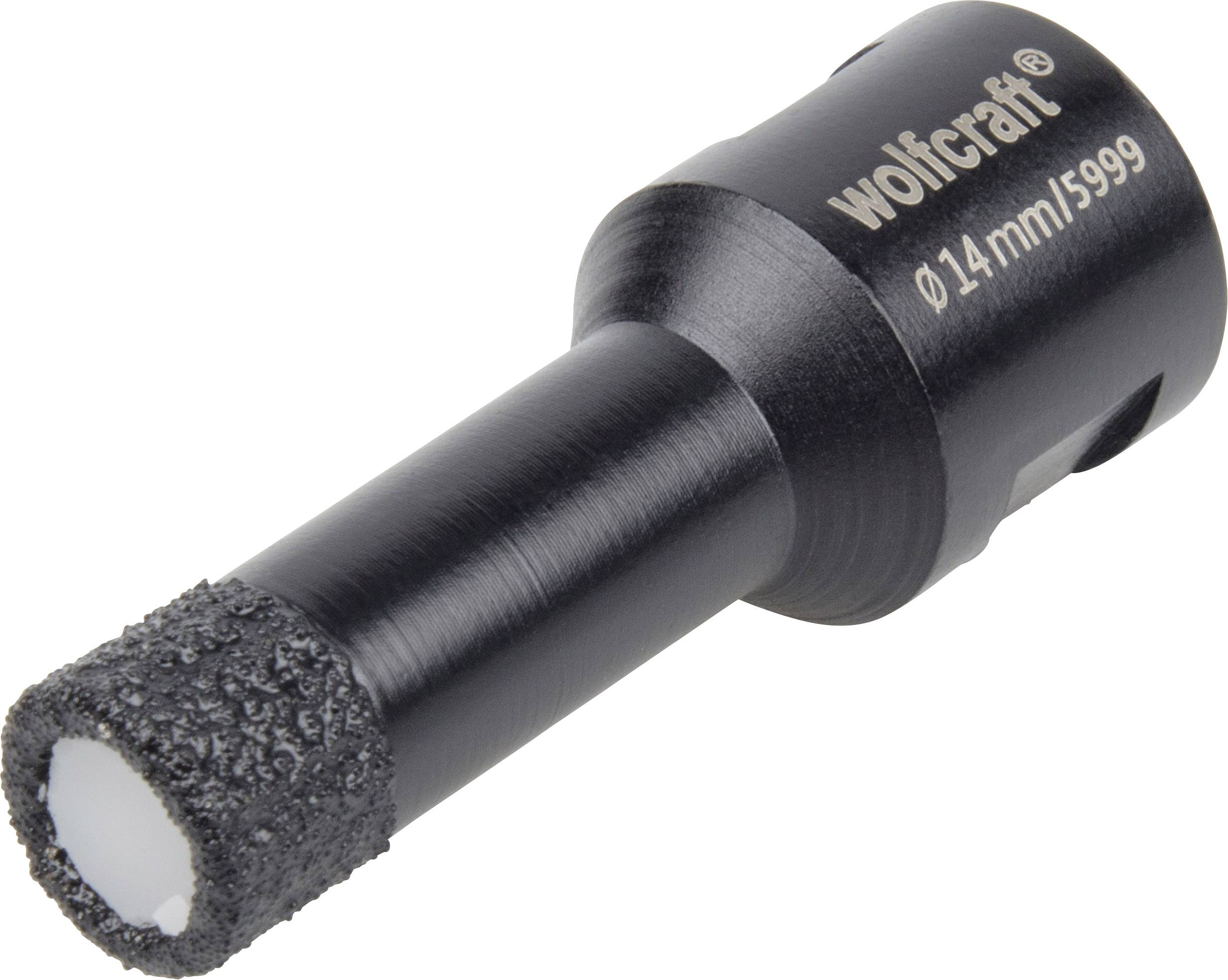 Bohrkrone von 'wolfcraft' mit 14 mm Durchmesser für Fliesenbohrungen, schwarze Farbe, robuste Verzahnung für präzises Bohren.