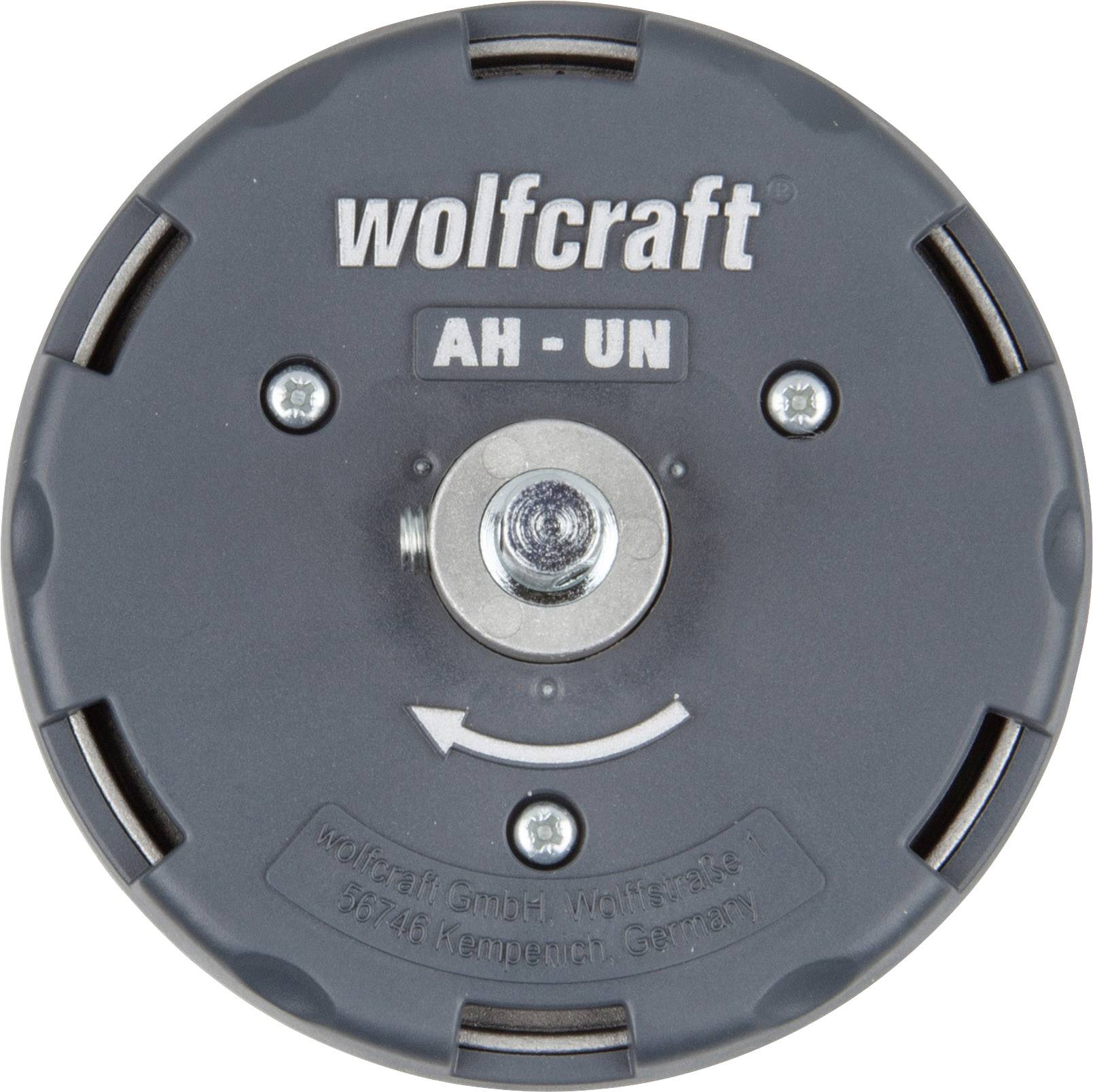 Ein schwarzer Wolfcraft AH-UN-Flanschen-Mutterschlüssel mit einem mittigen Bolzen, geeignet zur Befestigung von Werkzeugen auf Winkelschleifern.