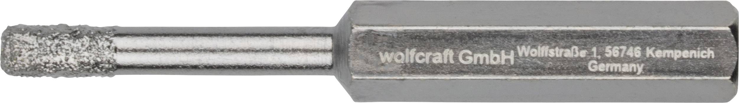Bohrer mit diamantbeschichtetem Kopf, graviert mit 'wolfcraft GmbH, Wolffstraße 1, 56746 Kempenich, Germany'. Hauptsächlich für Glas oder Fliesen.