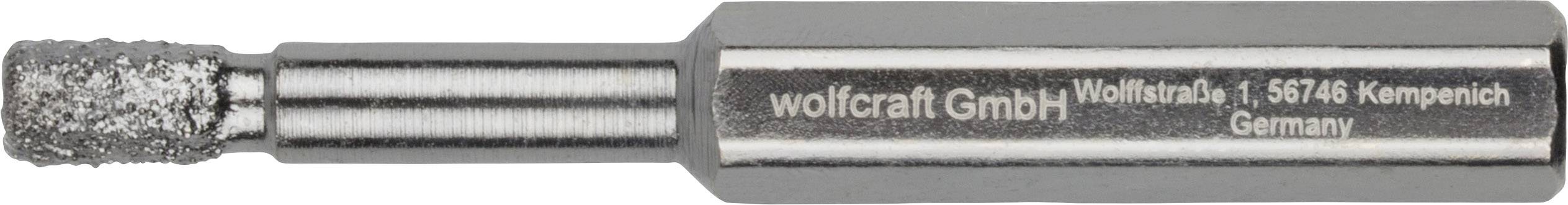 Bohreraufsatz mit rauer Spitze und der Aufschrift 'wolfcraft GmbH, Wolffstraße 1, 56746 Kempenich, Germany'.