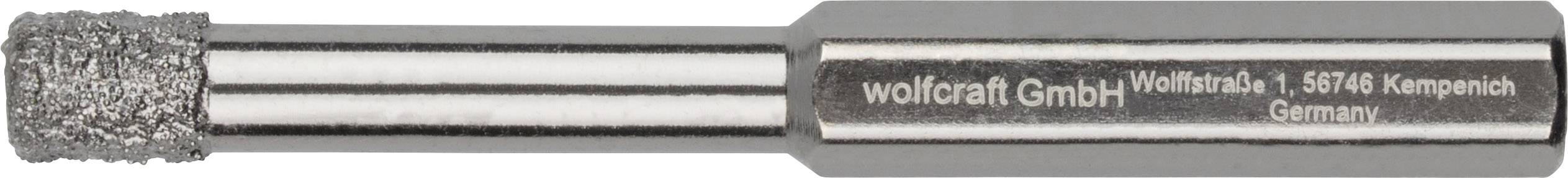 Metallischer Rotationsschneider mit rauer Spitze und glattem Schaft, beschriftet mit 'wolfcraft GmbH, Wolffstraße 8, 56746 Kempenich, Germany'.