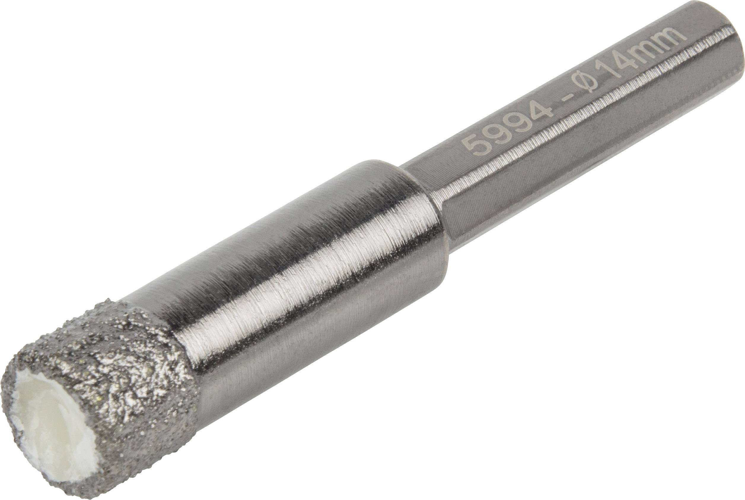 Bohrer mit silberner Metalloberfläche und diamantbeschichtetem Kopf. Produktnummer '5994 - Ø14mm' auf dem Schaft eingraviert.