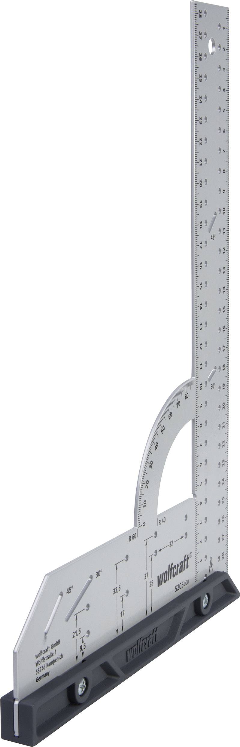 Ein Winkelmesser mit Maßskalen und einer schwarzen Basis, nützlich für präzises Messen und Zeichen von Winkeln in technischen Zeichnungen.