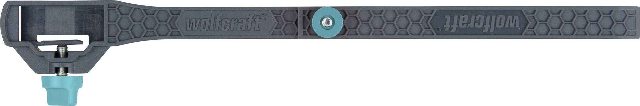Grauer Wolfcraft Montageschlüssel mit blauen Akzenten und sechseckigem Muster, seitlich abgebildet.