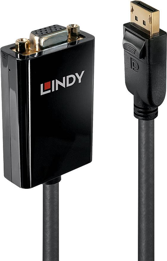 Ein schwarzer Adapter mit LINDY-Logo verbindet einen VGA- mit einem DisplayPort-Stecker, der für Video- und Audioübertragung verwendet wird.