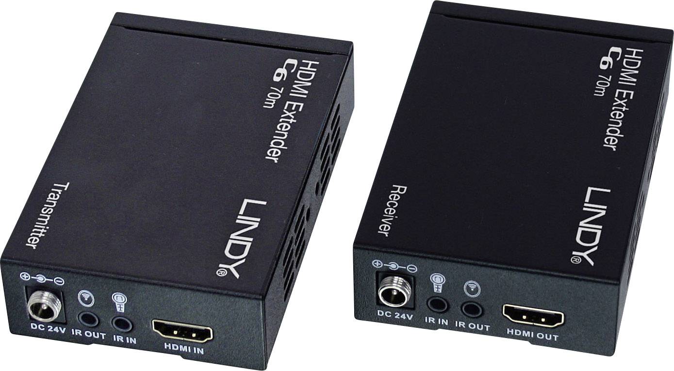 'HDMI Extender Set' bestehend aus einem Sender links und einem Empfänger rechts; ermöglicht HDMI-Signale über größere Entfernungen.