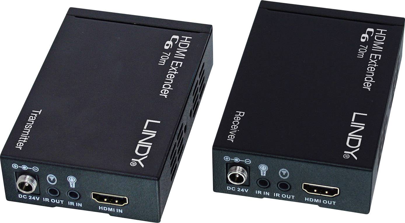 Ein HDMI Extender bestehend aus einem Transmitter und einem Receiver von der Marke Lindy, zur Video- und Audioübertragung über lange Distanzen.