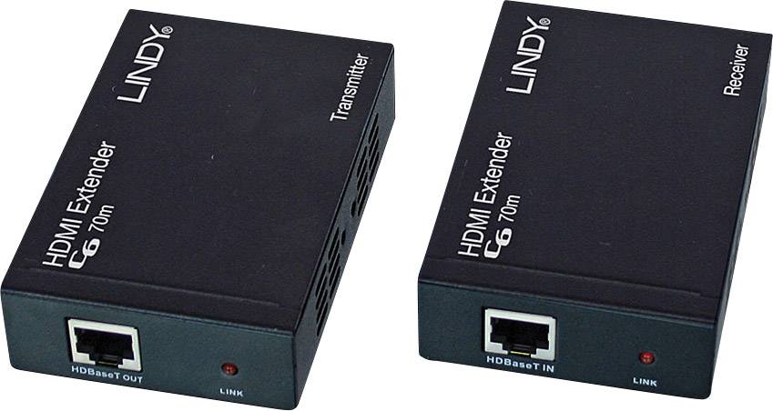 Zwei schwarze HDMI-Extender für 70 Meter von der Marke Lindy, beschriftet mit 'Transmitter' und 'Receiver', jeweils mit einem Ethernet-Anschluss.