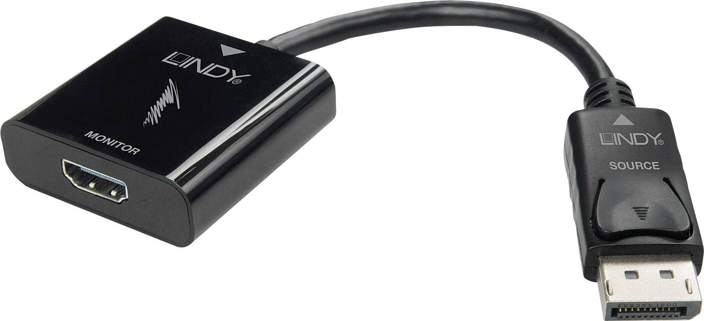 Ein schwarzer HDMI-zu-DisplayPort-Adapter mit Kabel, beschriftet mit 'LINDY' und 'SOURCE'.