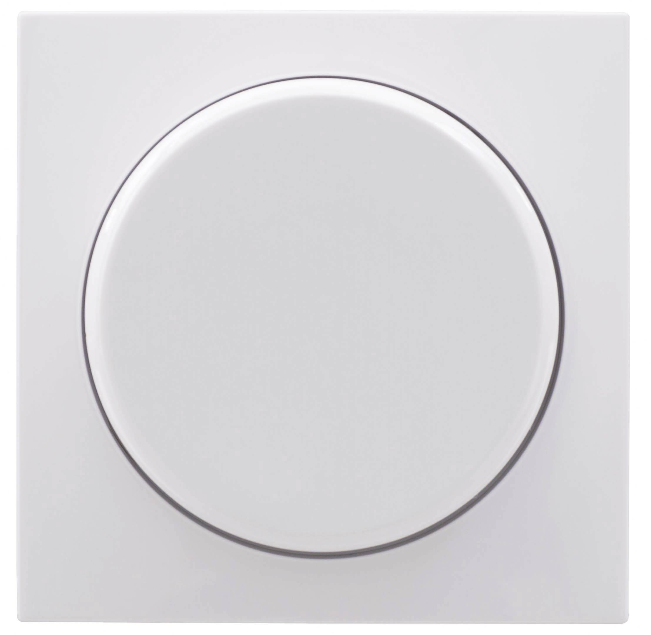 Ein runder, weißer Dimmschalter auf einer quadratischen weißen Platte, vor einem neutralen Hintergrund.