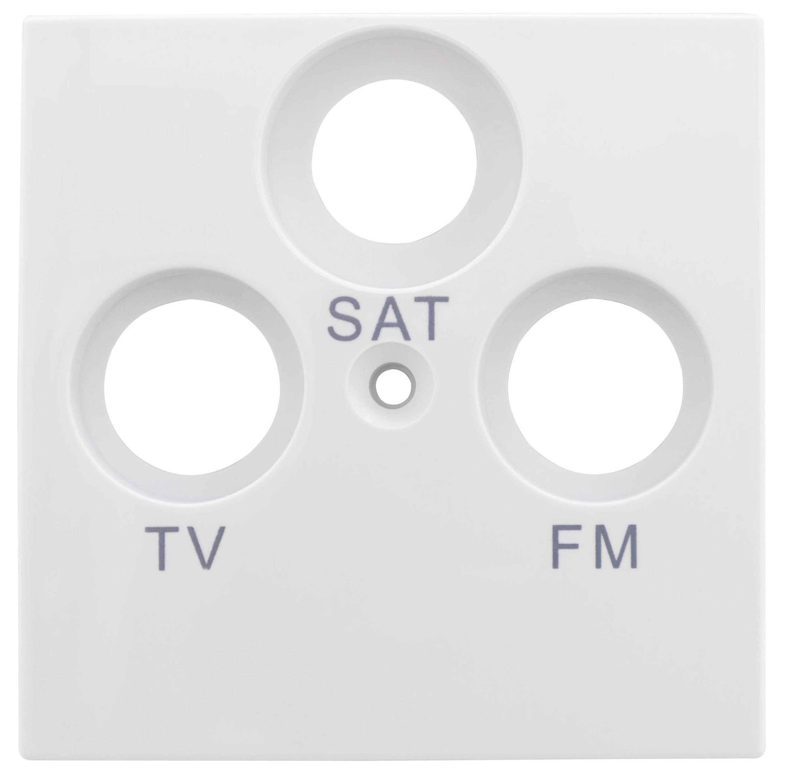 Weiße Anschlussdose mit drei runden Öffnungen, beschriftet mit 'SAT', 'TV' und 'FM' für Satellit, Fernsehen und Radioempfang.