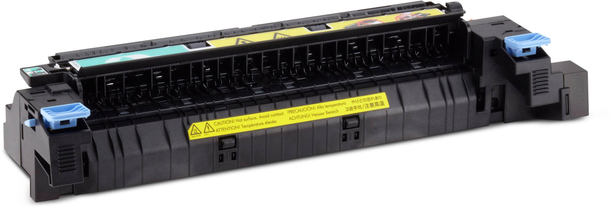 Ein schwarzer Drucker-Toner mit blauen Clips und gelbem Warnhinweis auf der Vorderseite.