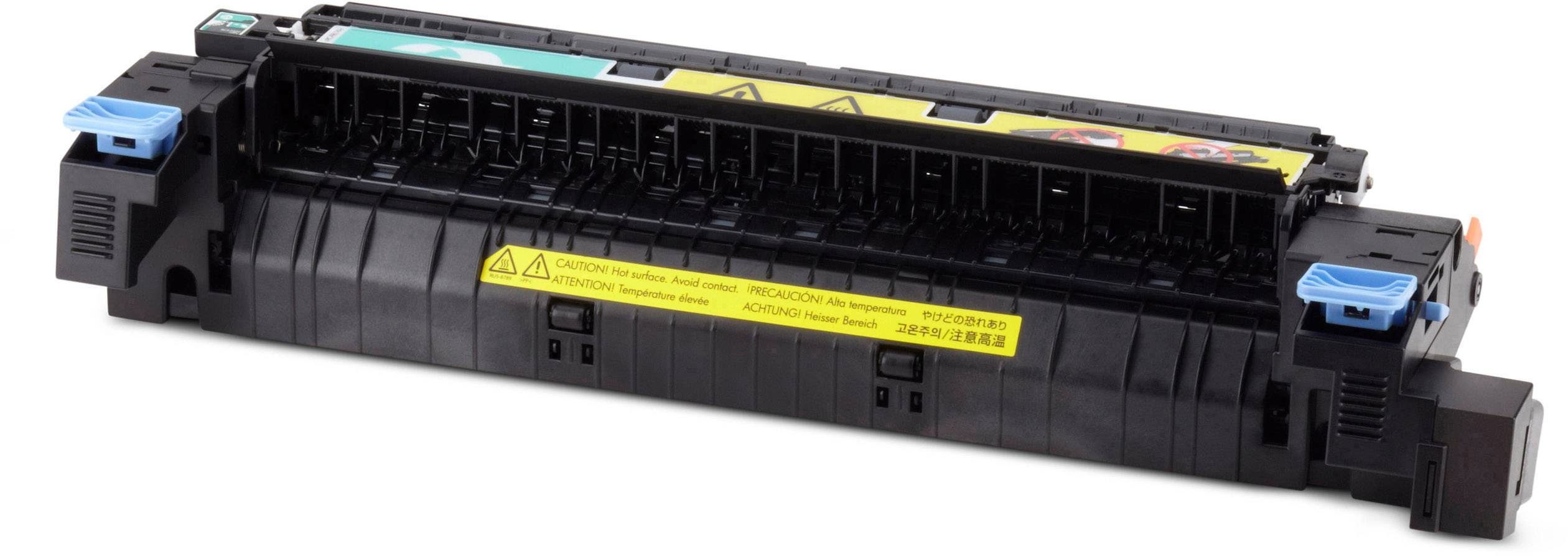 Bild eines Laserdrucker-Fusers mit blauen und orangefarbenen Hebeln an den Seiten, gelbem Warnaufkleber mit Sicherheitsinformationen.