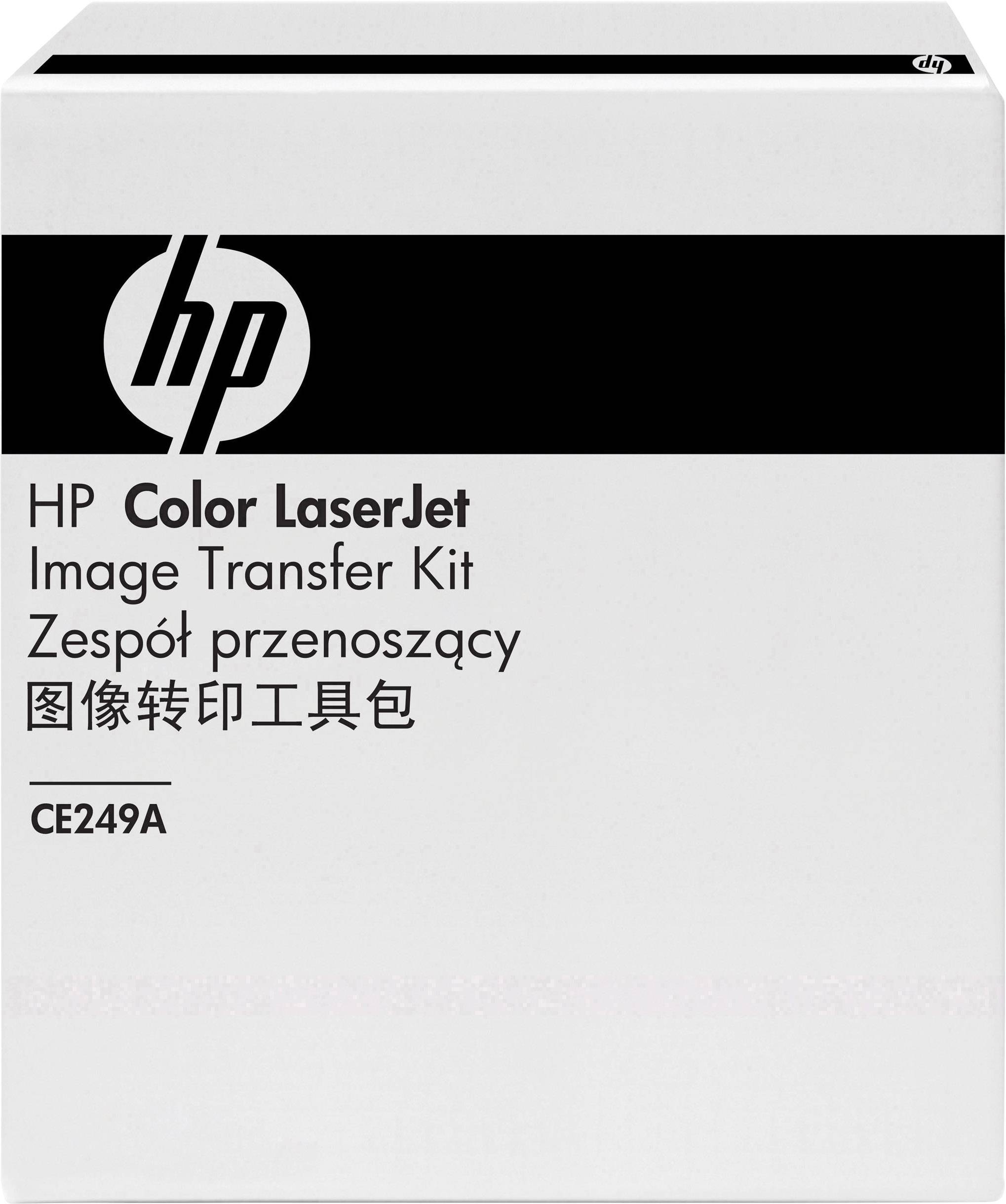 HP 'Color LaserJet' Image Transfer Kit Verpackung mit Modellnummer CE249A. Text auf der Verpackung in mehreren Sprachen.