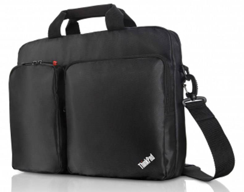 Eine schwarze Laptop-Tasche mit zwei Vordertaschen und einem Schultergurt.