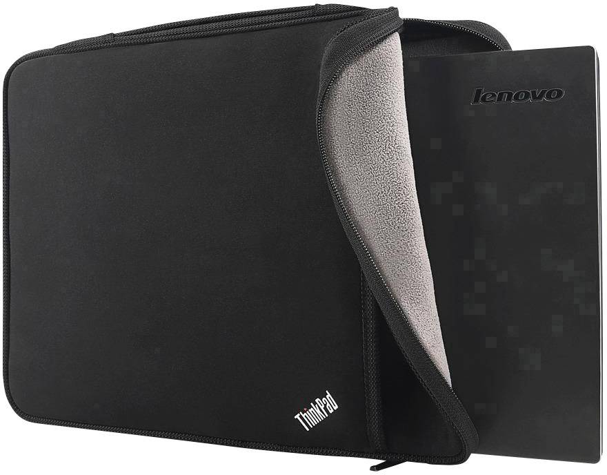Schwarzes Laptop-Case mit grauem Innenfutter und teilweise hervorgezogenem Laptop mit 'Lenovo'-Logo. Ideal zum Schutz des Laptops.
