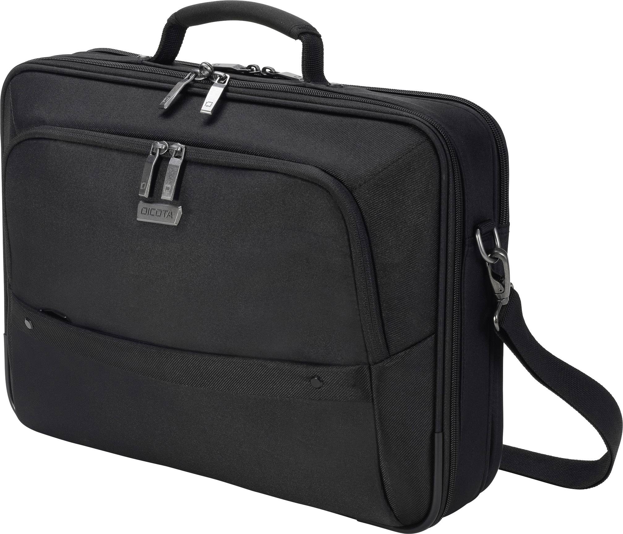 Schwarze Laptoptasche mit Reißverschlüssen und Schultergurt, geeignet für den Transport von Laptops und Zubehör.