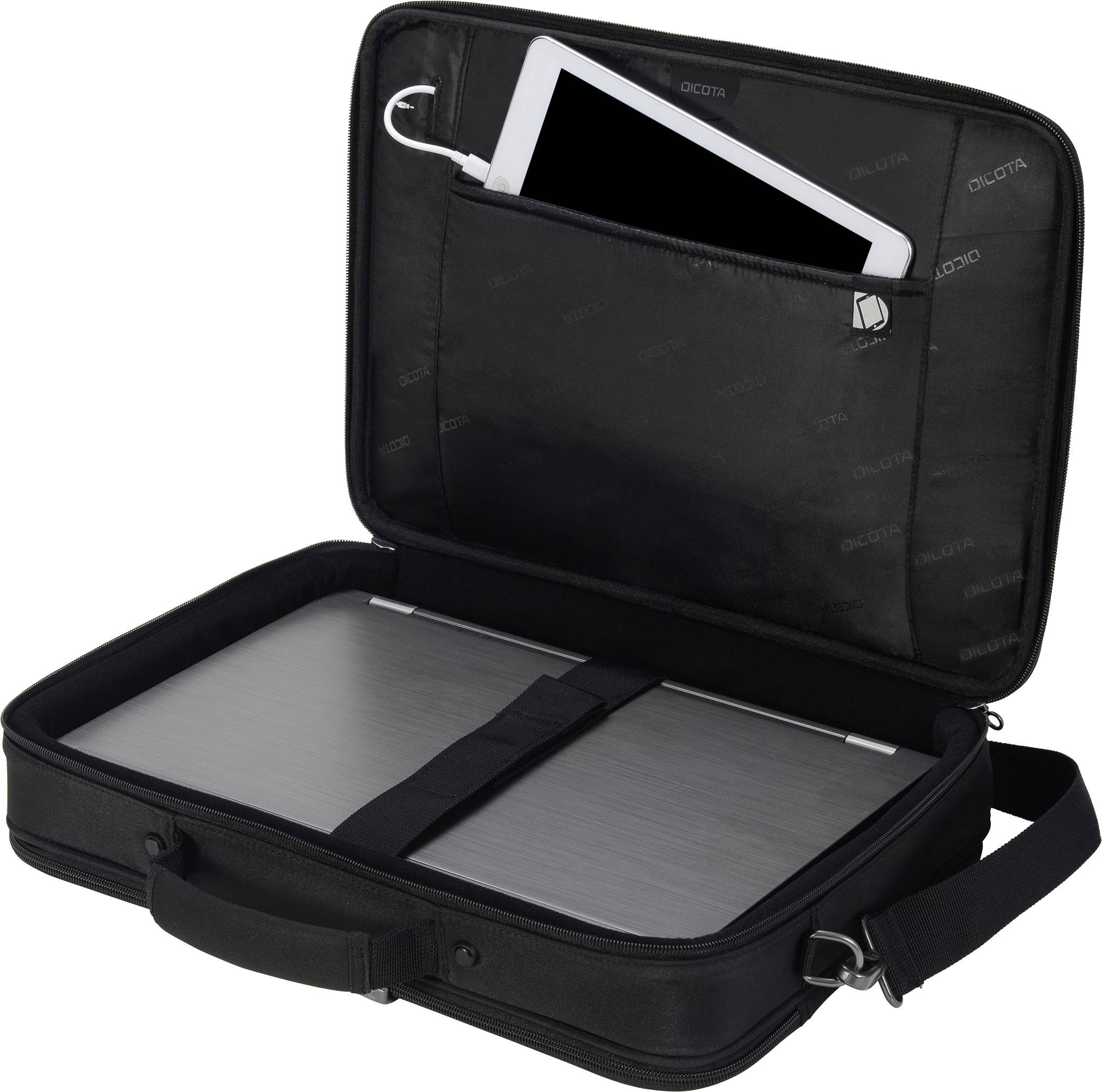 Offene schwarze Laptoptasche mit einem Laptop und einem Tablet in separaten Fächern. Beide Geräte sind sicher verstaut.
