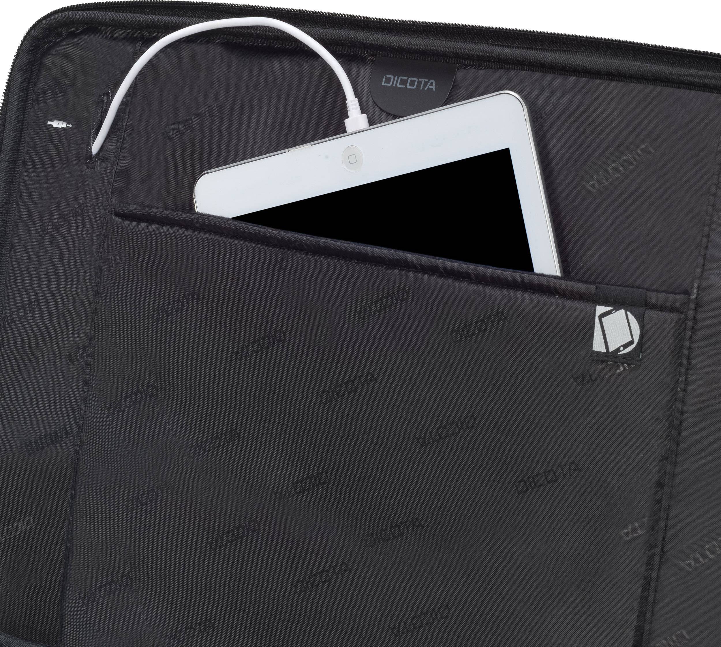 Eine schwarze Tasche mit einem offenen Fach, das ein Tablet mit angeschlossenem Ladekabel zeigt. Die Marke DICOTA ist sichtbar.