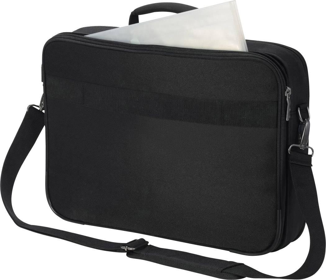 Eine schwarze Laptoptasche mit Schulterriemen, teilweise geöffnet, zeigt einen schimmernden Gegenstand im Hauptfach.