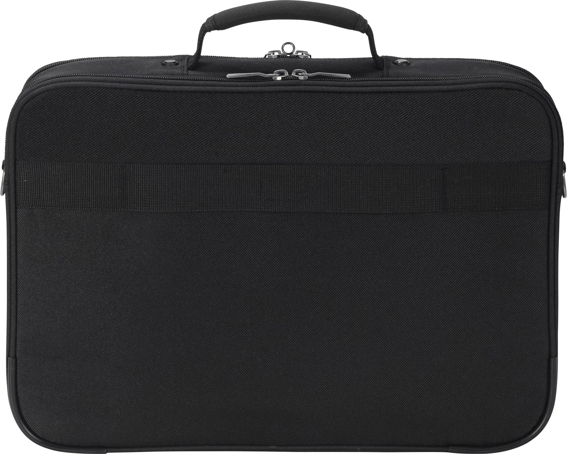 Schwarze, rechteckige Laptop-Tasche mit Tragegriff und Reißverschluss, geeignet für den sicheren Transport eines Laptops.