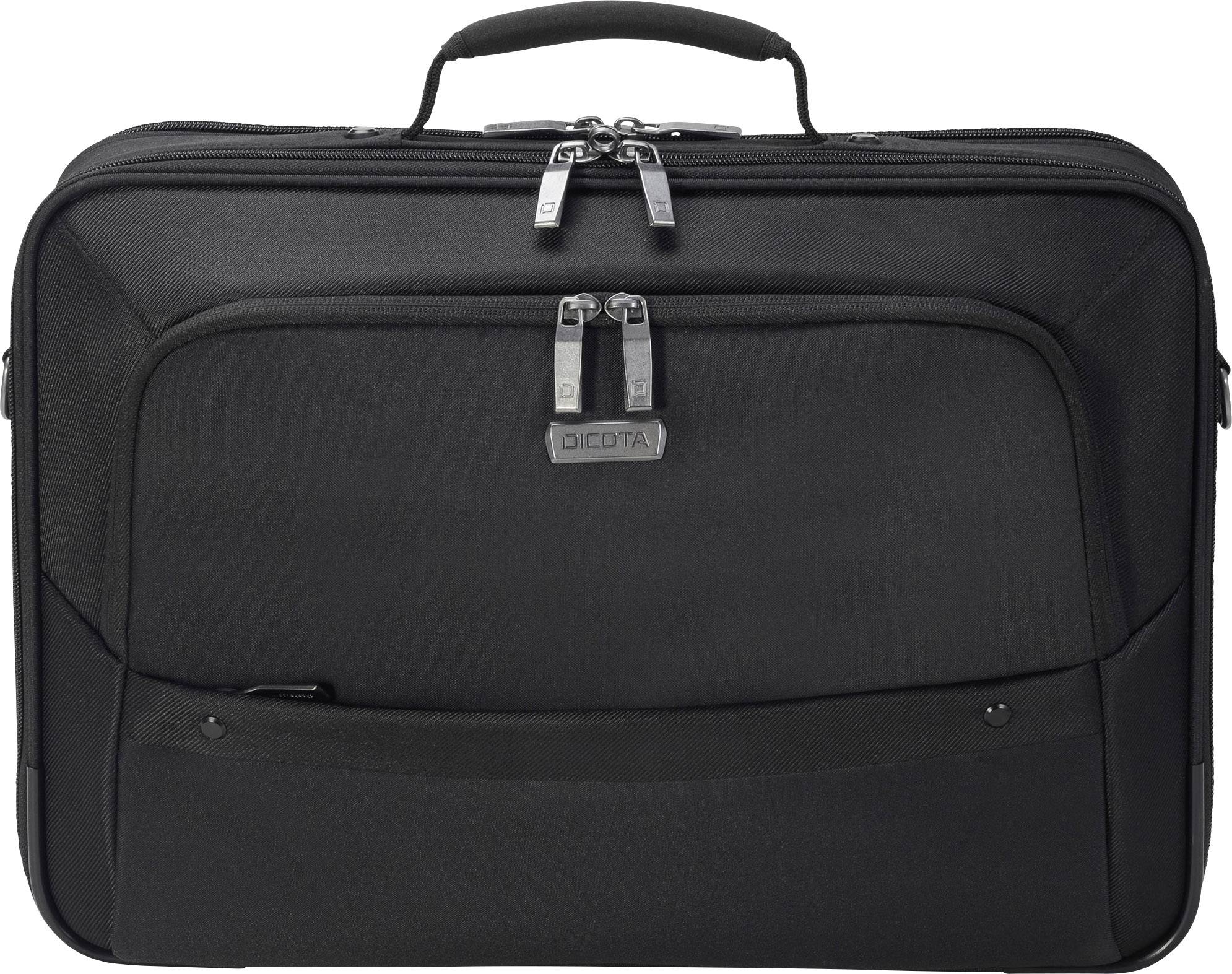 Schwarze Laptoptasche mit einem Tragegriff, Reißverschlüssen und einem kleinen Fach vorne. Designed für den sicheren Transport von Laptops.