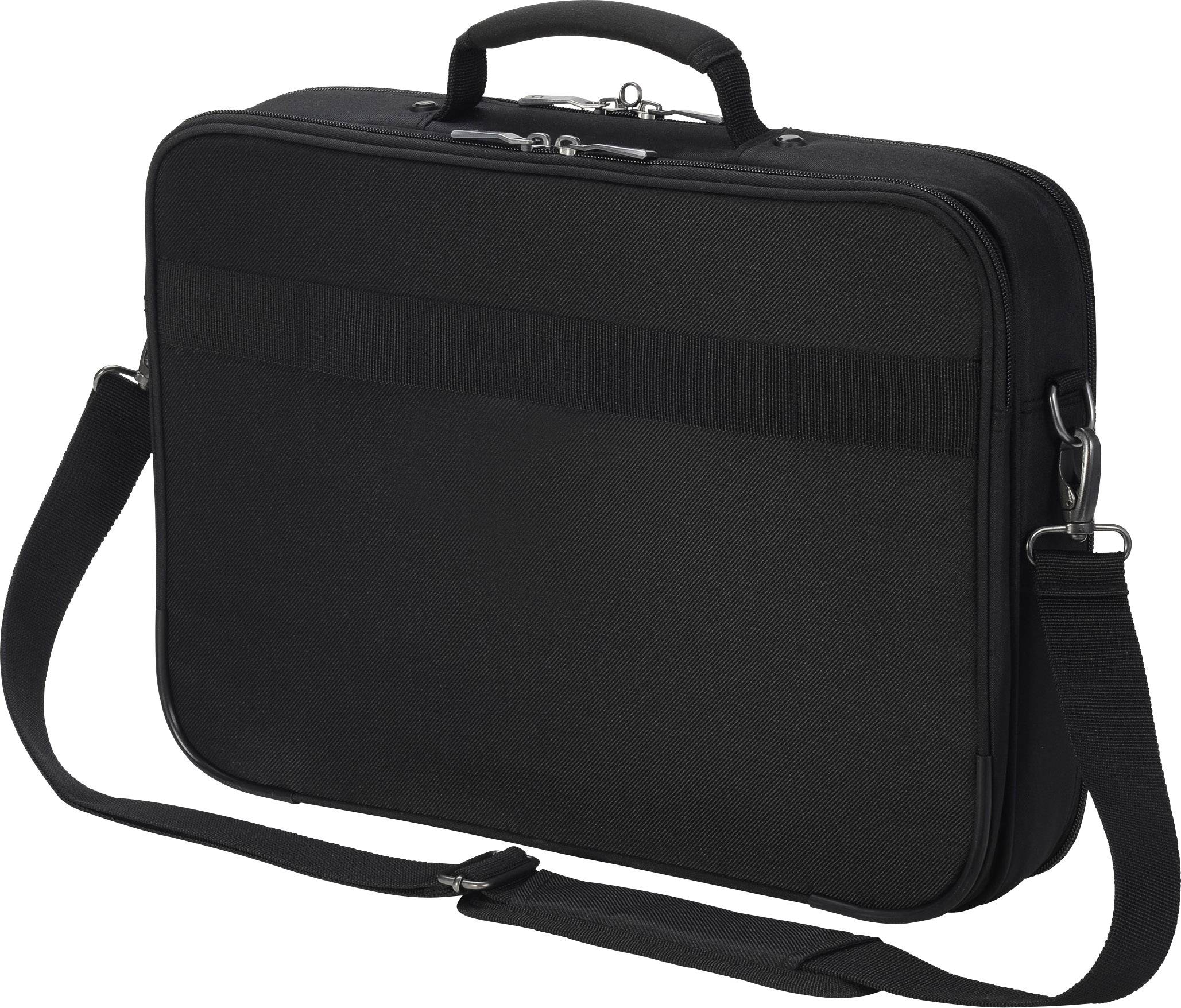 Eine schwarze Aktentasche mit Trageriemen und Griff, geeignet für Laptops oder Dokumente, vor weißem Hintergrund.