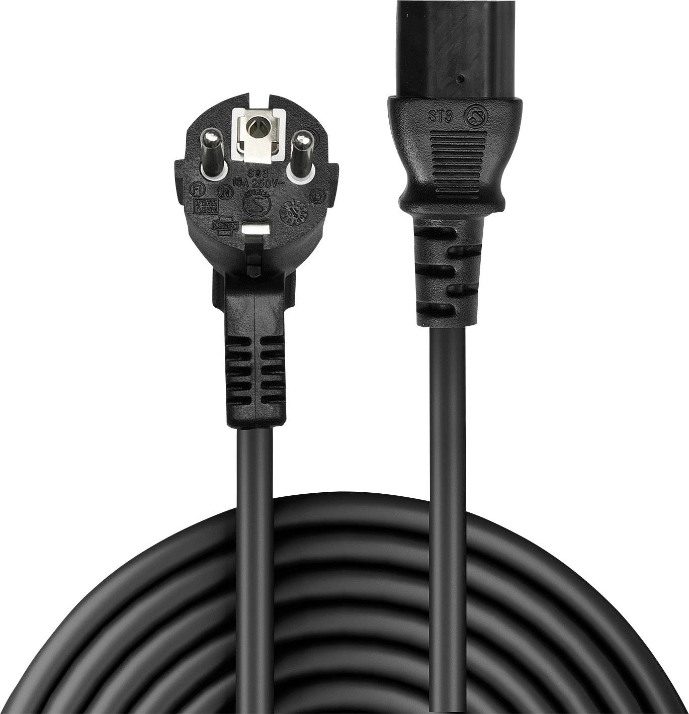 Schwarzes Netzkabel mit europäischem Stecker und Schuko-Buchse, coiled.