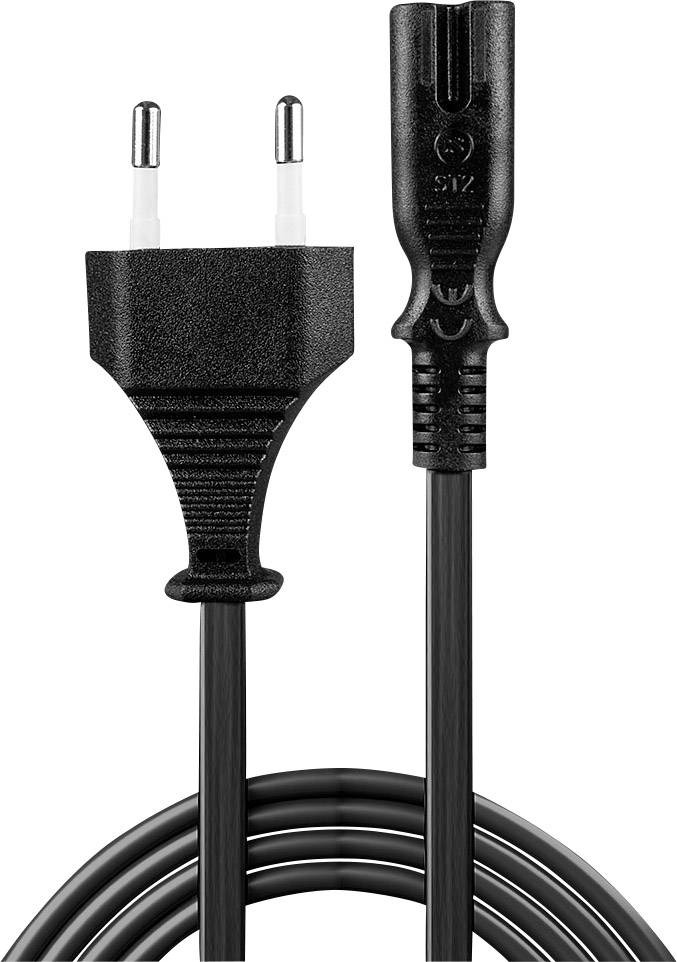 Schwarzes Euro-Netzkabel, zweiadrig mit Eurostecker auf Eurobuchse, geeignet für kleine Elektrogeräte und Ladegeräte.