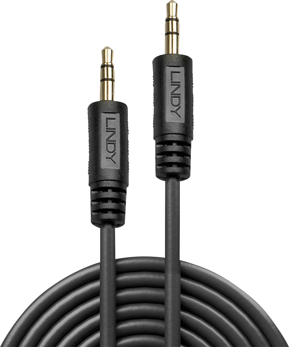 Zwei schwarze 3,5-mm-Audiokabel-Stecker mit der Aufschrift 'LINDY', verbunden durch ein schwarzes Kabel.