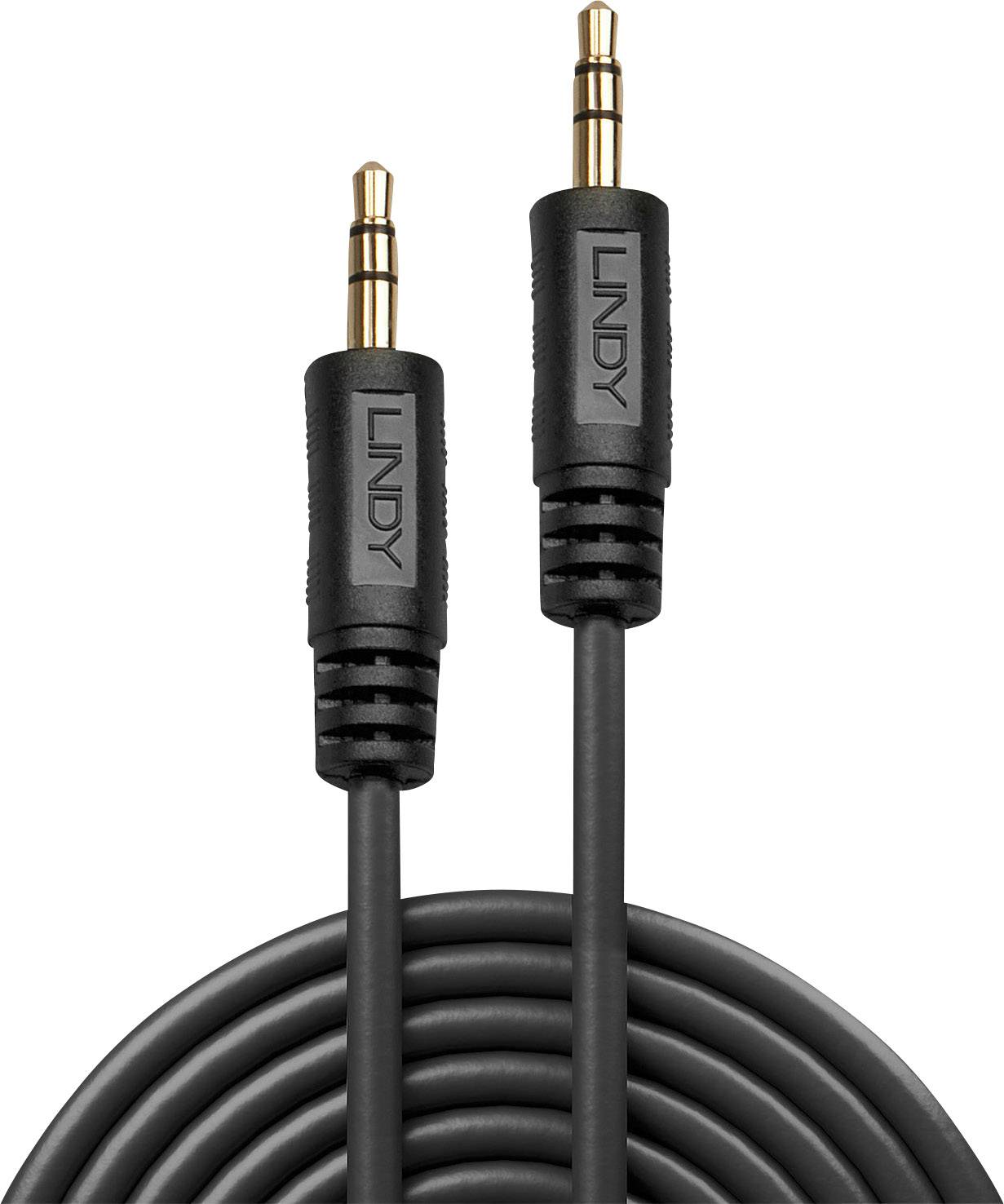 Schwarzes Audiokabel mit zwei vergoldeten 3,5mm Klinkensteckern. Markierung 'Lindy' auf beiden Steckern.