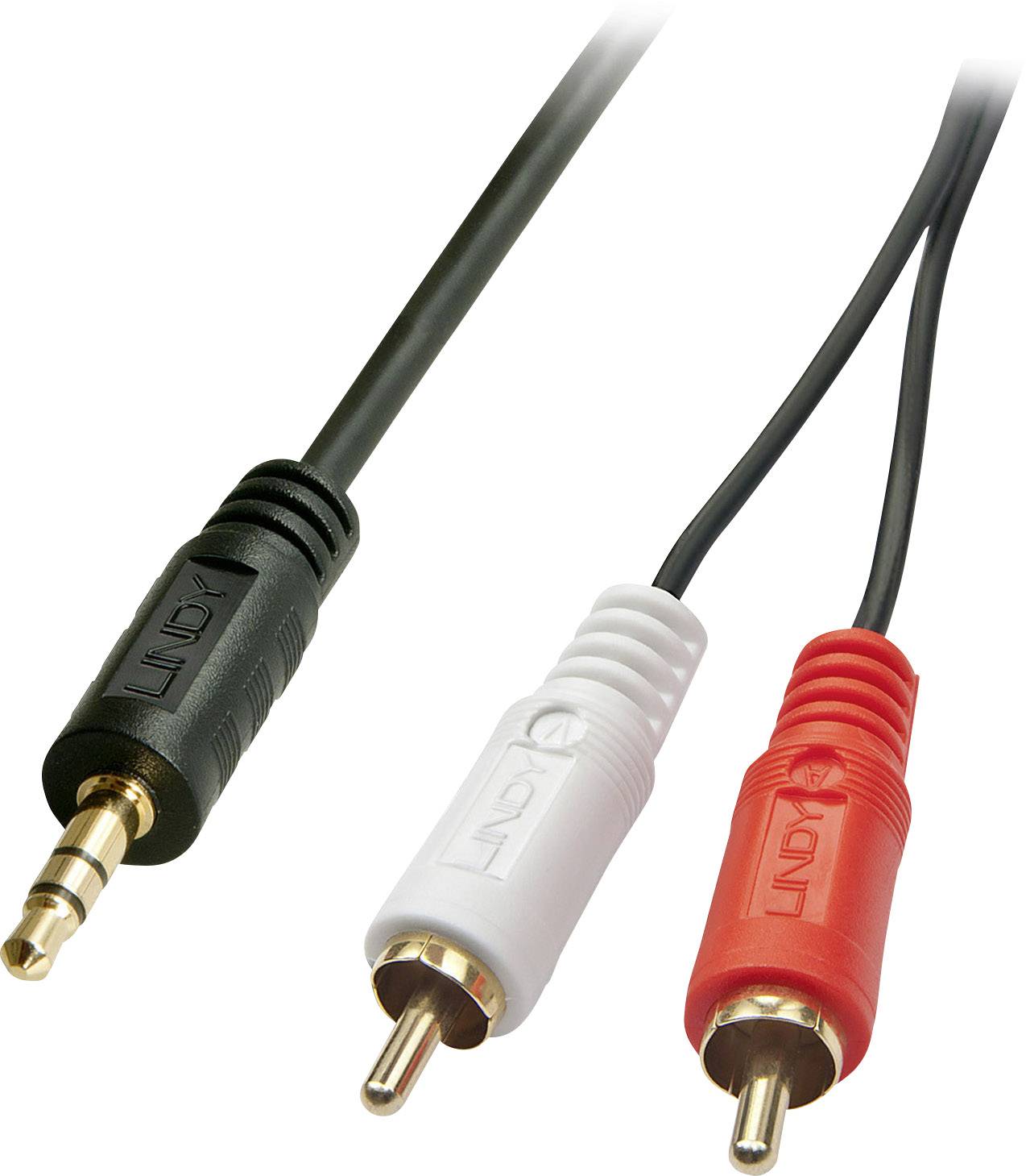 Drei Audiokabel: Schwarz mit 3,5-mm-Stecker, Weiß und Rot mit RCA-Steckern. Sie dienen zum Anschluss von Audioquellen.