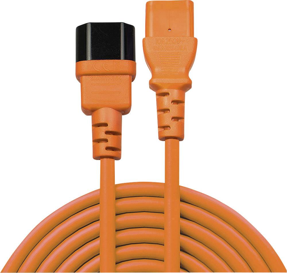 Zwei orangefarbene IEC-Stromkabel, nebeneinander aufgerollt. Links ein Typ C13-Stecker, rechts ein Typ C14-Stecker.