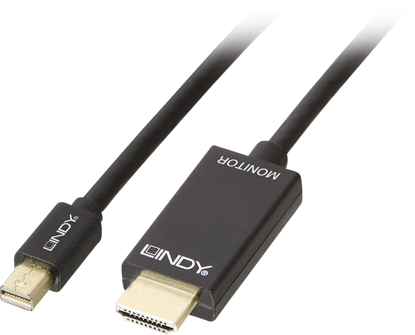 Ein schwarzes Kabel mit einem Mini DisplayPort-Anschluss an einem Ende und einem HDMI-Anschluss am anderen, gekennzeichnet mit 'Monitor'.