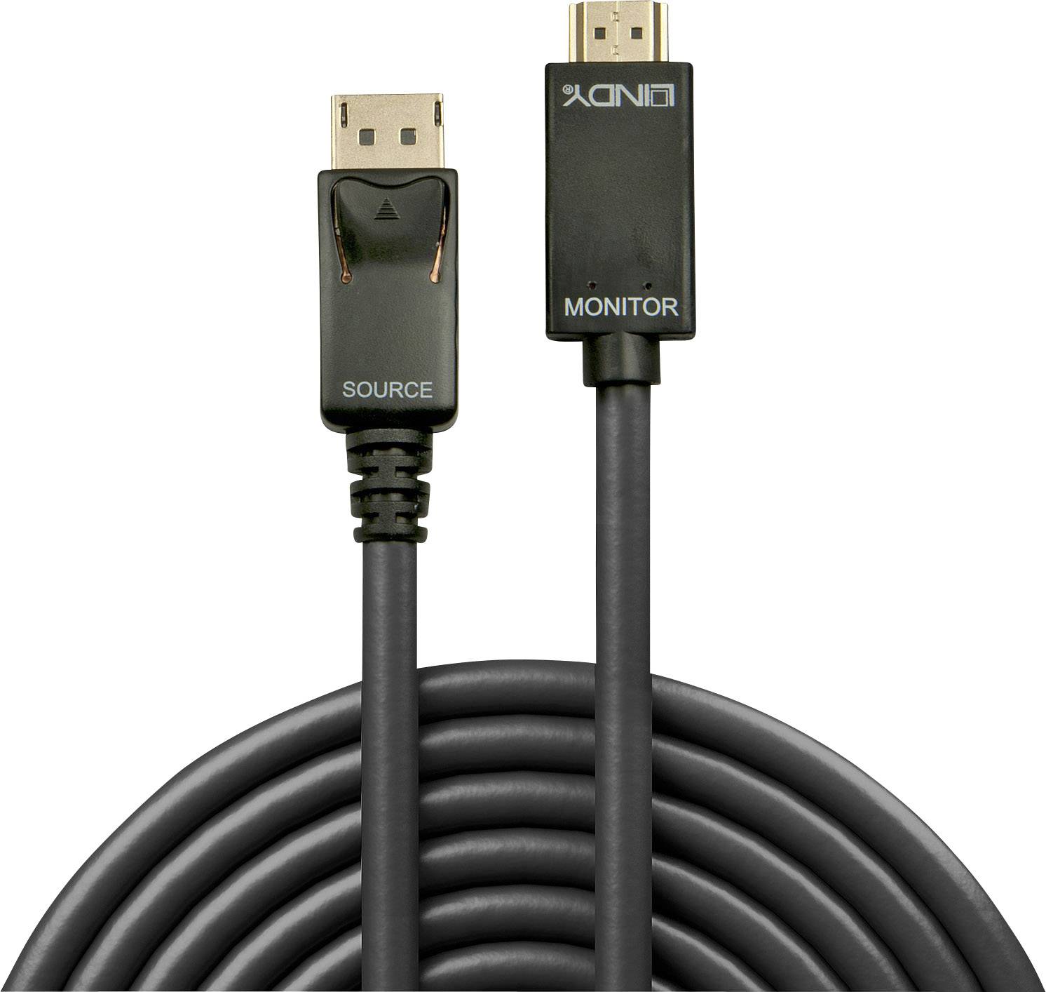 An einem schwarzen Kabel befinden sich zwei unterschiedliche HDMI-Stecker. Links steht 'Source', rechts steht 'Monitor'.