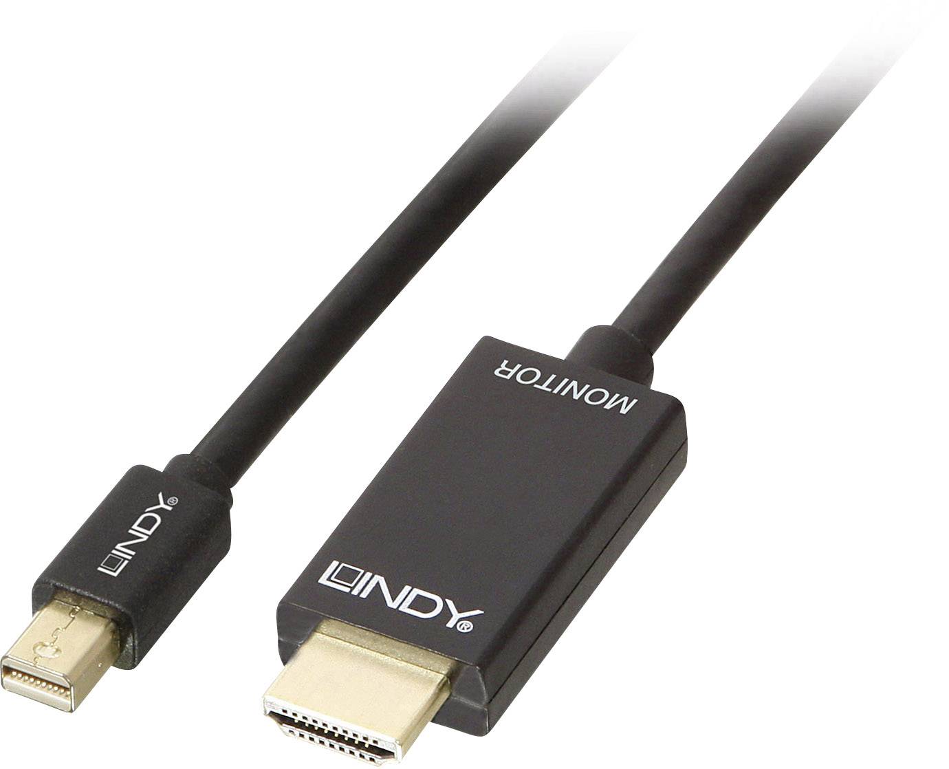 Zwei Kabel mit HDMI- und Mini-DisplayPort-Steckern, schwarz, von der Marke 'Lindy'. Ideal zum Verbinden von Geräten mit unterschiedlichen Anschlüssen.