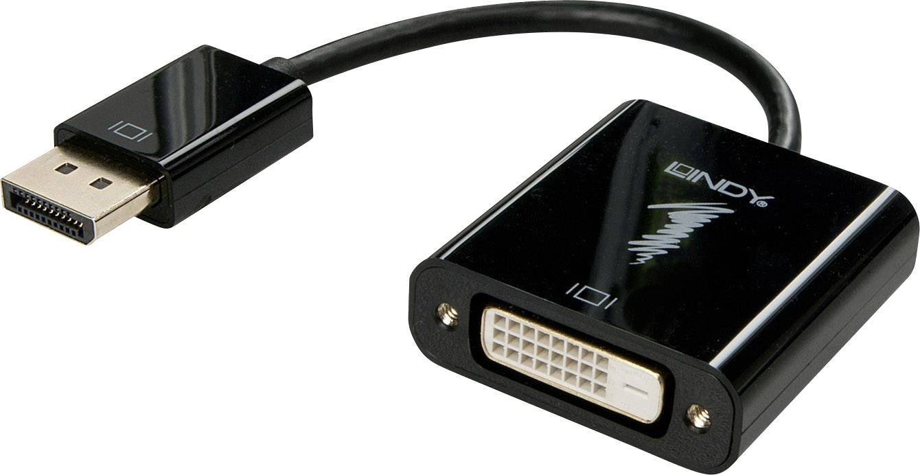 Ein schwarzer DisplayPort-zu-DVI-Adapter mit kurzem Kabel. Links der DisplayPort-Stecker und rechts der DVI-Anschluss.