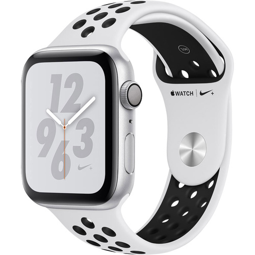Apple Watch Nike+ Series 4 44 mm Aluminiumgehäuse Silber Sportarmband Platin, Schwarz