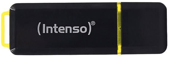 Ein schwarzer USB-Stick der Marke Intenso mit gelbem Detail.