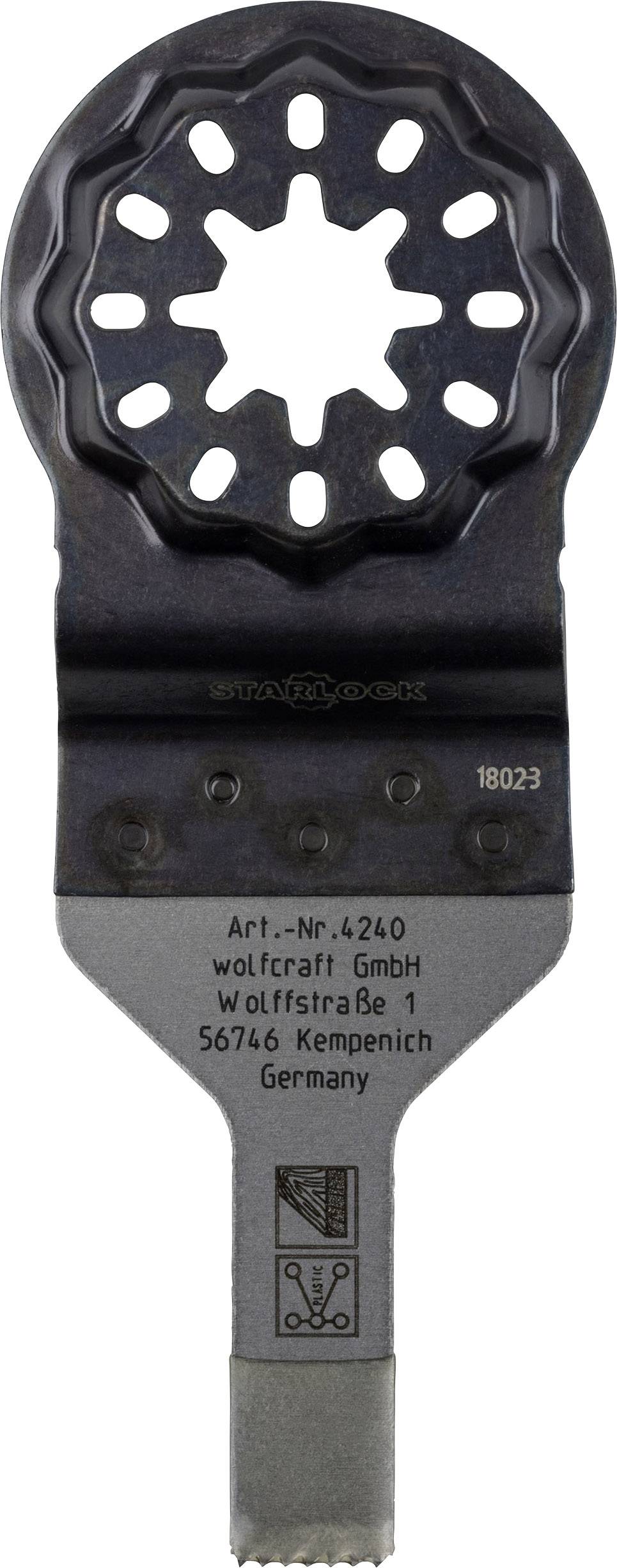'Bi-Metall Tauchsägeblatt' mit Zahnradform, geeignet für Starlock-Aufnahme. Herstellerdetails: Wolfcraft GmbH, Deutschland.
