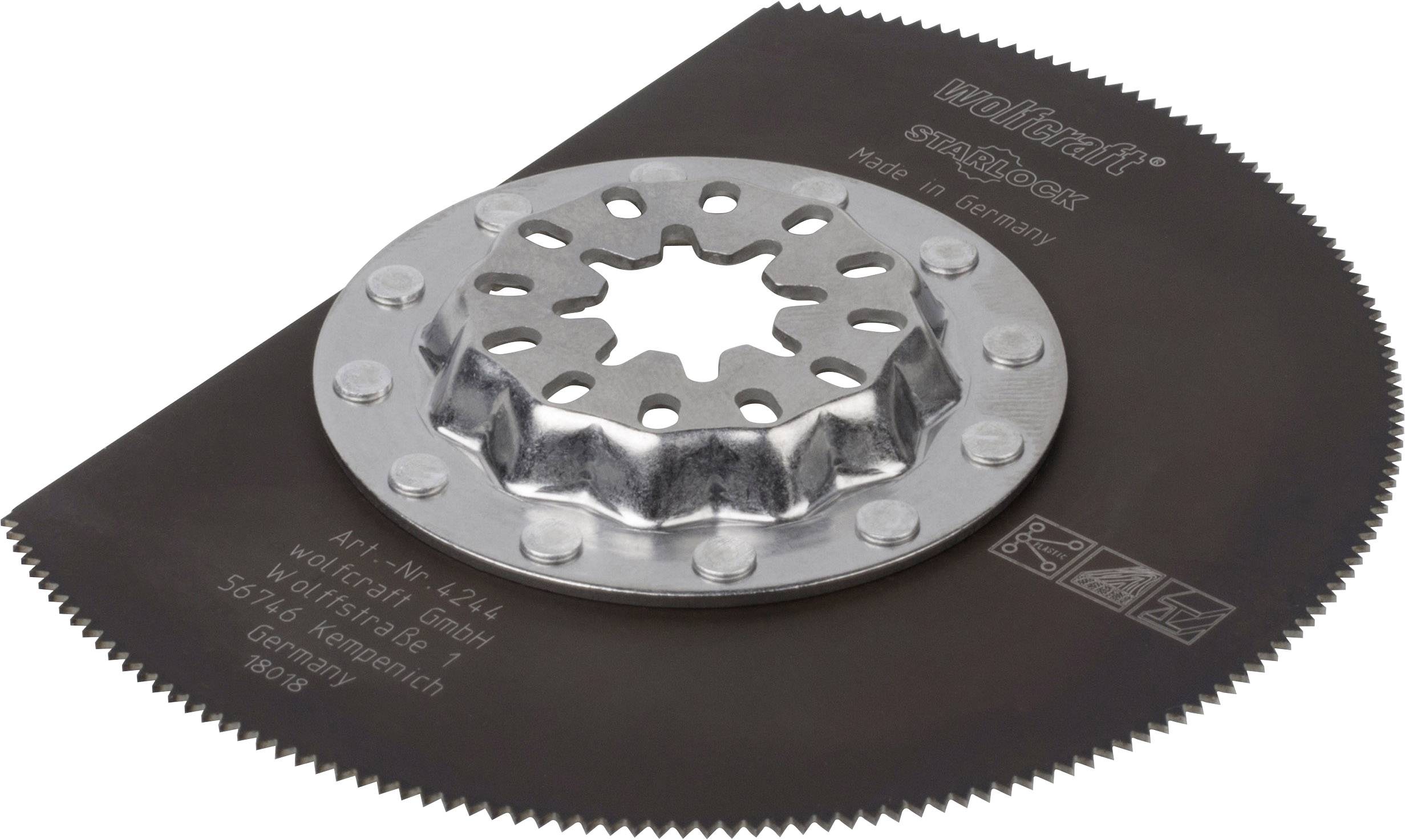 Ein rundes Sägeblatt mit gezahntem Rand, mittigem Metallstern und Text 'wolfcraft snap-in Made in Germany'.