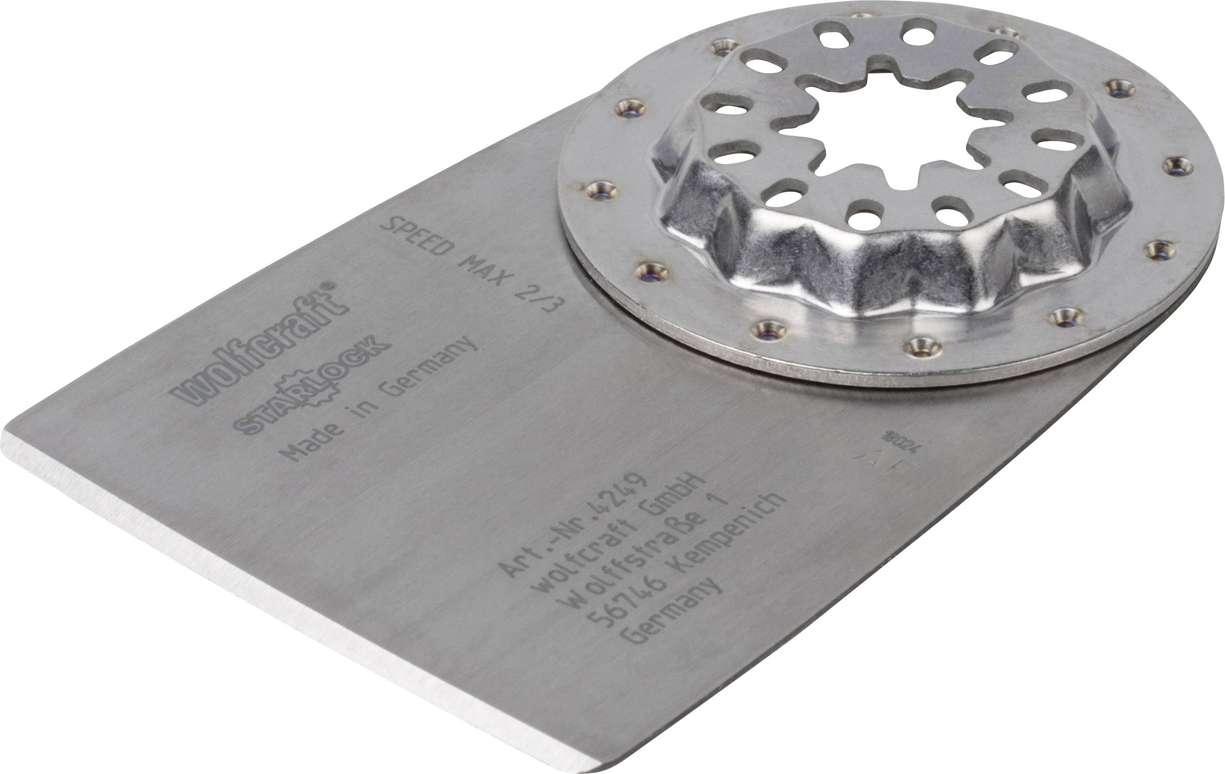 Schneidewerkzeugaufsatz mit sternförmigem Befestigungselement, beschriftet mit 'wolfcraft speedmax 2.3', hergestellt in Deutschland.