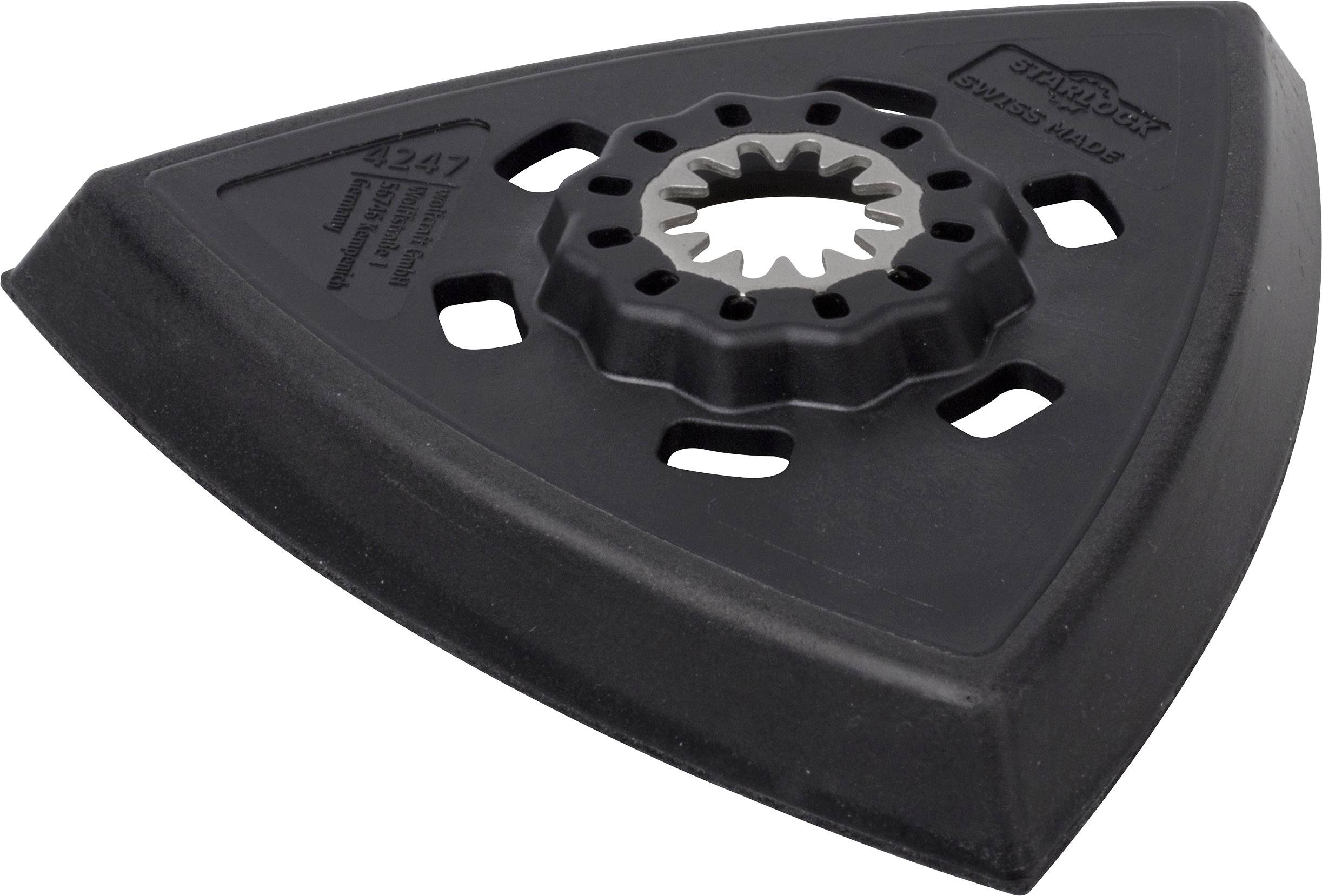 Schwarzes dreieckiges Schleifzubehör für ein Handwerkzeug mit mehreren runden Aussparungen und gezahnter Mitte.